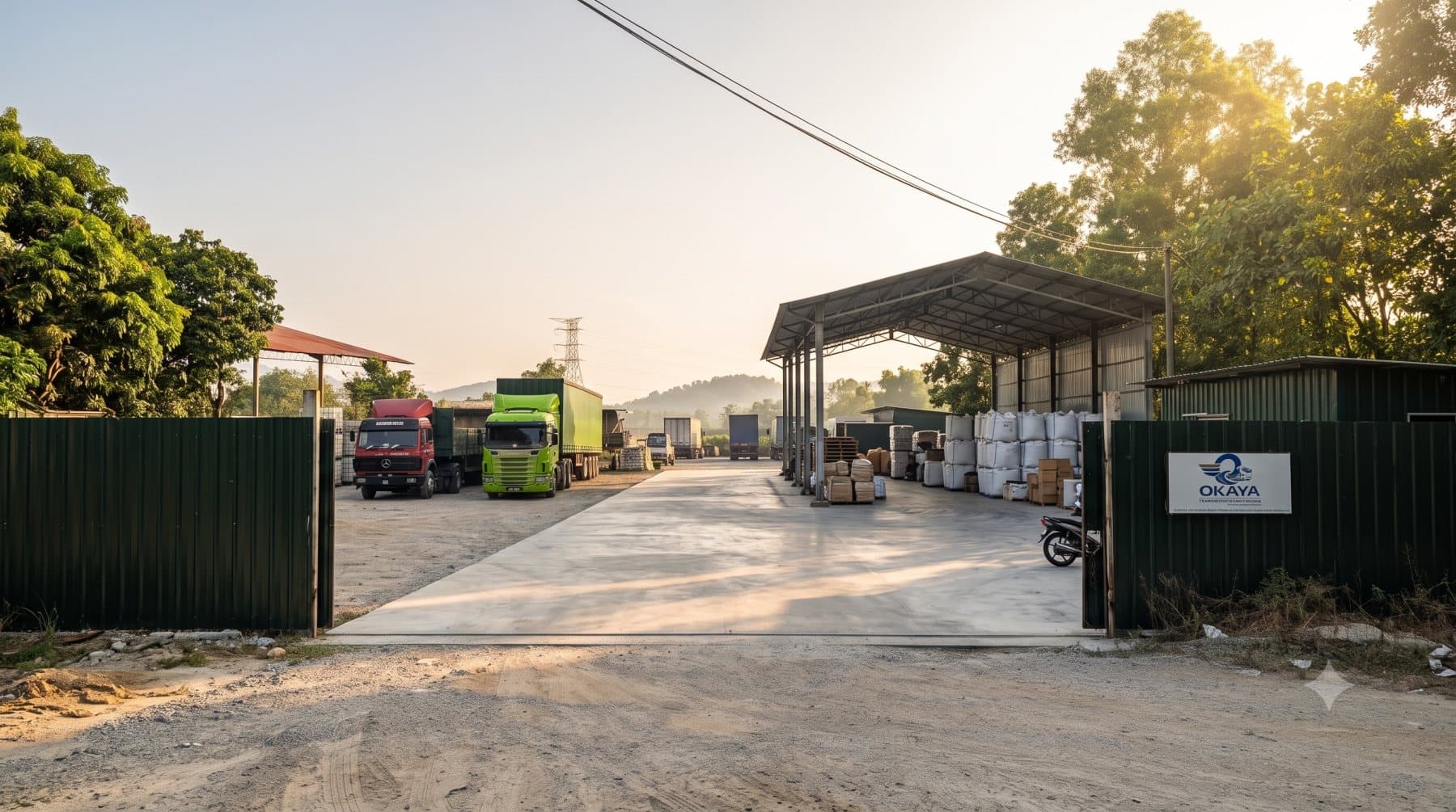 The driveway into OKAYA at Panchor Jaya, sheds and parked units on either side